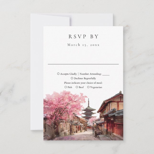 Elegantes Kyoto Japan Aquarell-Hochzeit RSVP Karte (Vorderseite)