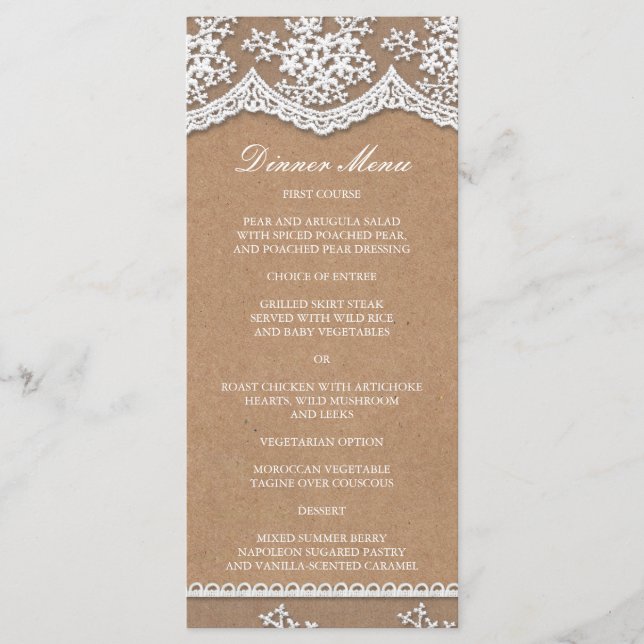 Elegantes Lace & Rustic Craft Paper Slim Dinner Me Menükarte (Vorderseite)
