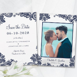 Elegantes Lace Wedding Verlobung Foto Blue White Save The Date