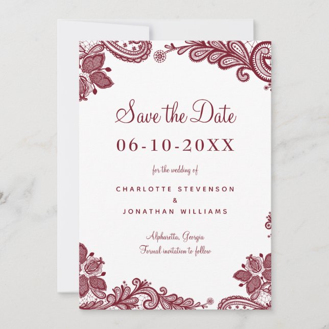 Elegantes Lace Wedding Verlobung Foto Red White Save The Date (Vorderseite)