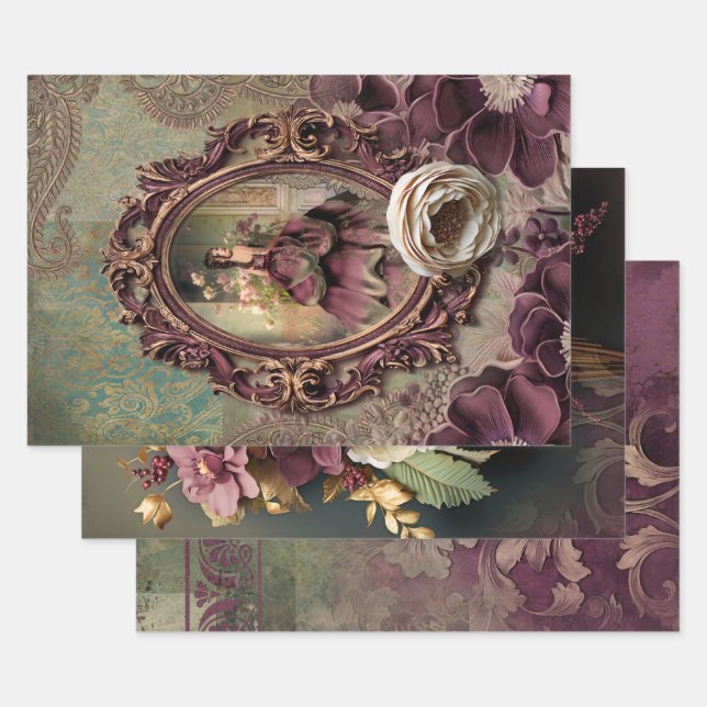 Elegantes Lady Portrait, Blumen- und Demasepapier Geschenkpapier Set (Set)