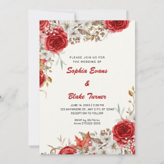 Elegantes Land Rote Rosen fallen Weißcreme-Hochzei Einladung