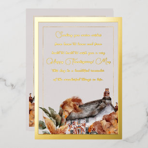 Elegantes Landhaus Herbstlaub Gold Schrift Folien Feiertagskarte