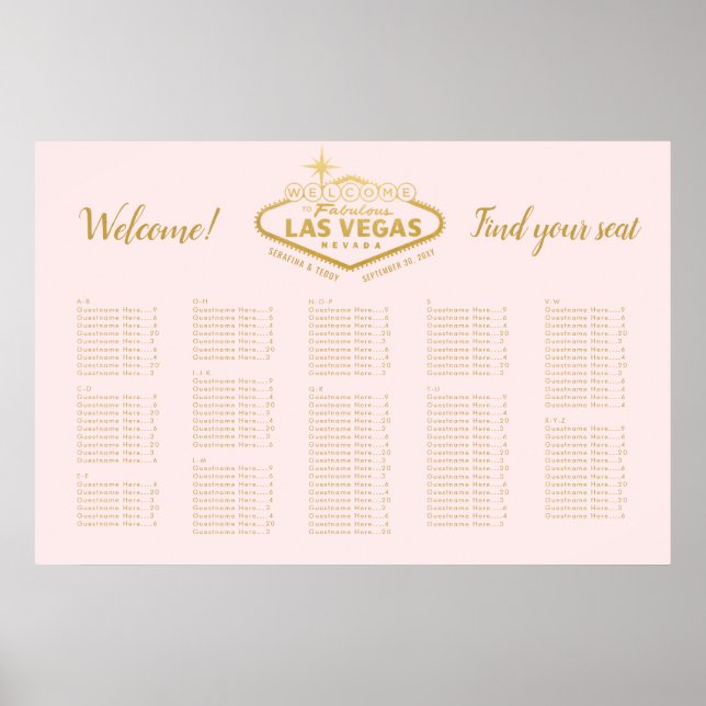 Elegantes Las Vegas Hochzeit Pink Gold Seating Cha Poster (Vorne)