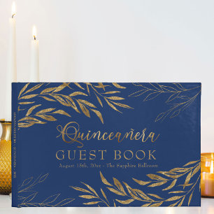 Elegantes Laub Royal Blau und Gold Quinceanera Gästebuch