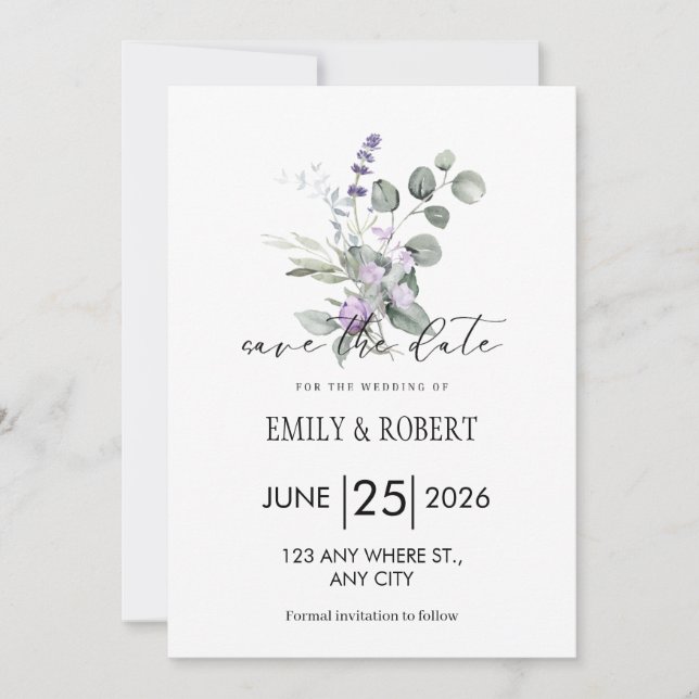 Elegantes Lavendel-Blumen-Minimalist-Save-the-Date (Vorderseite)