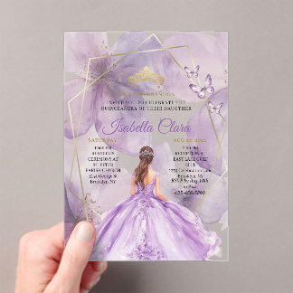 Elegantes Lavendel-Blumen-Quinceañera-Gold Acryleinladungen
