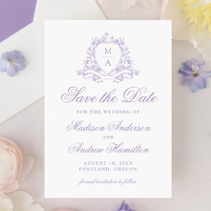 Elegantes Lavendel-Blumen-Wappen-Monogramm-Hochzei Save The Date