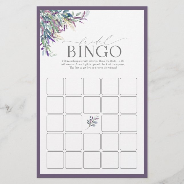 Elegantes Lavendel Brautparty Bingo Game (Vorderseite)