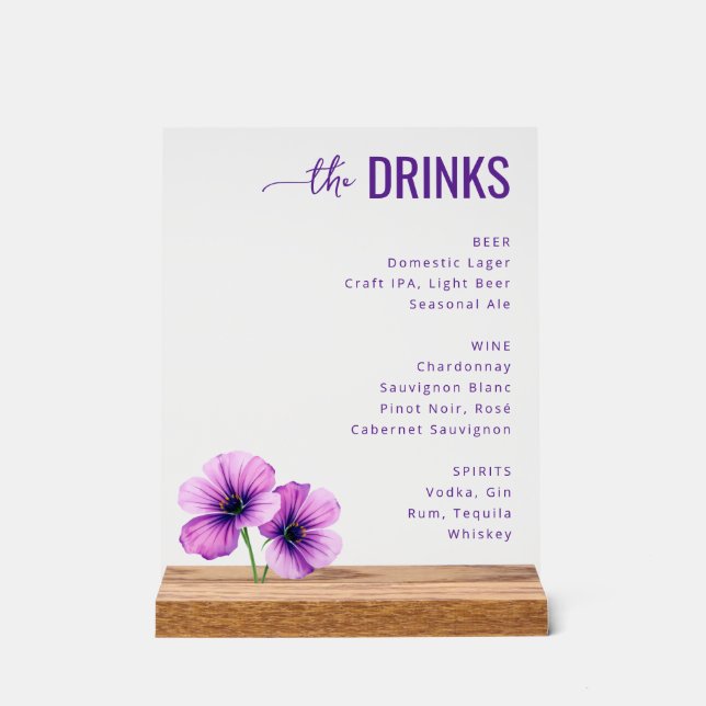 Elegantes Lavendel-Getränkekarten-Schild Acrylschild (Vorderseite)