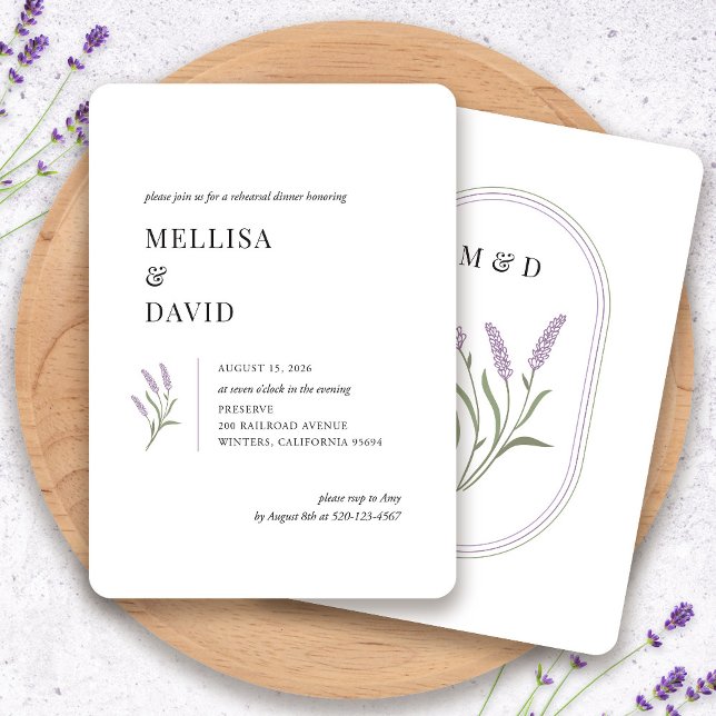 Elegantes Lavendel Probe Abendessen Einladung (Elegant Lavender Floral Rehearsal Dinner Invitation by Fiesta Valley Print)
