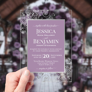 Elegantes Lavendel- und Silber-Stil-Text Hochzeit Acryleinladungen