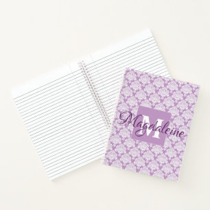 Elegantes Lavendel-Vintage-Damask-Monogramm & Name Notizbuch