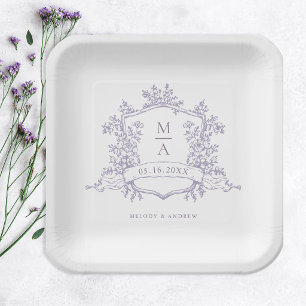 Elegantes lavendelfarbenes florales Wappen-Monogra Pappteller