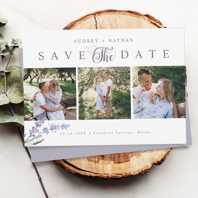 Elegantes Lavender 3 Foto Save The Date (Elegant Lavender 3 Photo Save The Date Card)