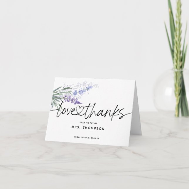 Elegantes Lavender Calligraphy-Brautparty geflocht Dankeskarte (Vorderseite)