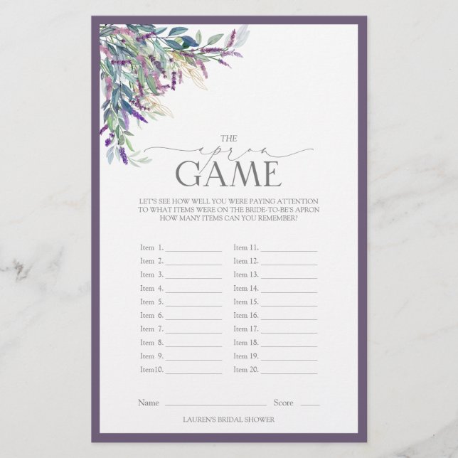 Elegantes Lavender Floral Brautparty Game (Vorderseite)
