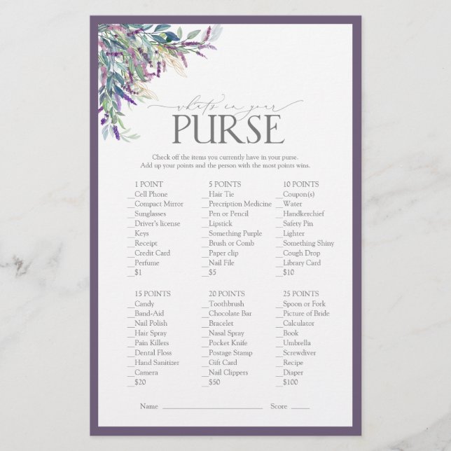 Elegantes Lavender Floral Brautparty Game (Vorderseite)