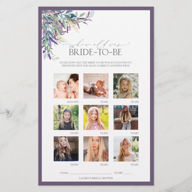 Elegantes Lavender Floral Brautparty Game (Vorderseite)