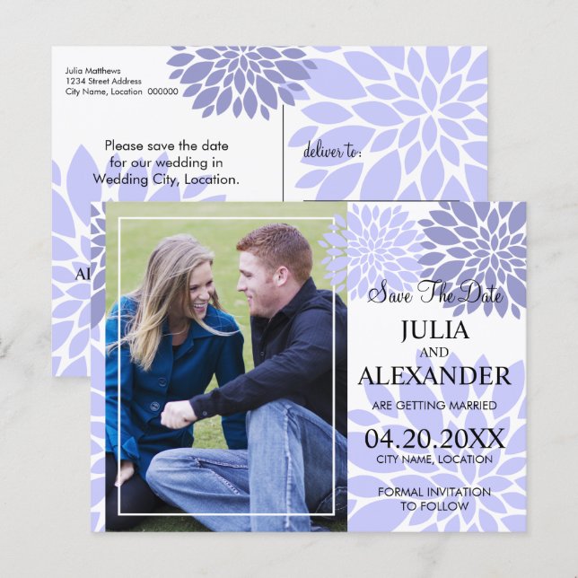 Elegantes Lavender Floral Burst Foto Save the Date Ankündigungspostkarte (Vorne/Hinten)