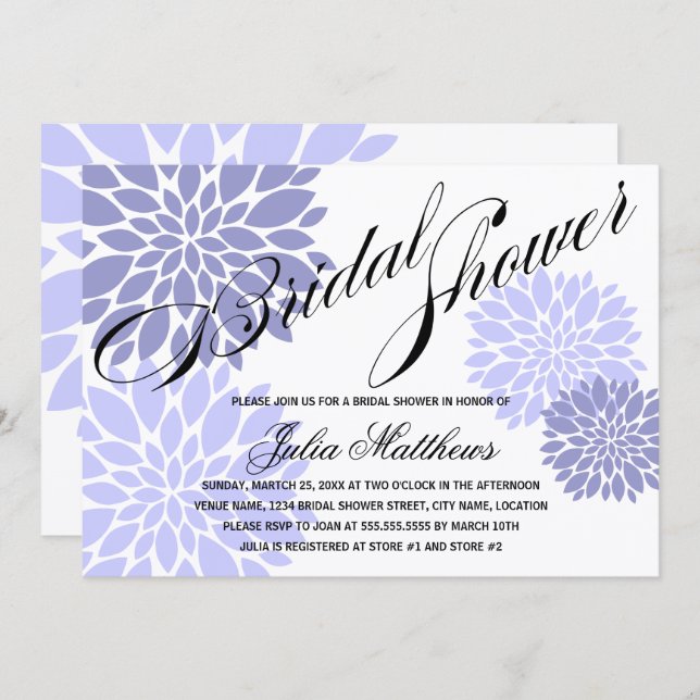 Elegantes Lavender Floral Burst Script-Brautparty Einladung (Vorne/Hinten)