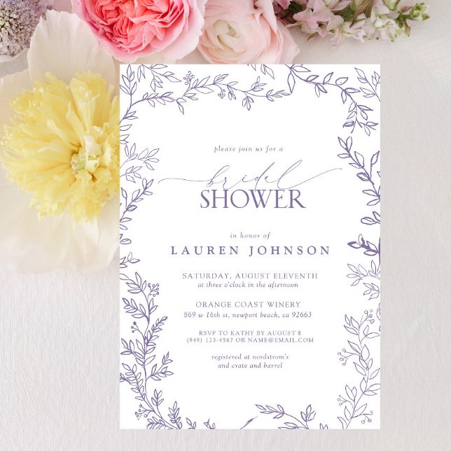Elegantes Lavender Floral Leaf Brautparty Einladung (Bridal Shower Invitation)