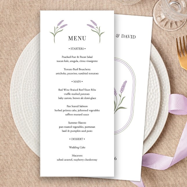 Elegantes Lavender Floral Wedding Menu Menükarte (Elegant Lavender Floral Wedding Menu by Fiesta Valley Print)