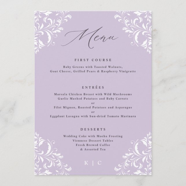 Elegantes Lavender Lila Vintage Wedding Menu Menükarte (Vorderseite)