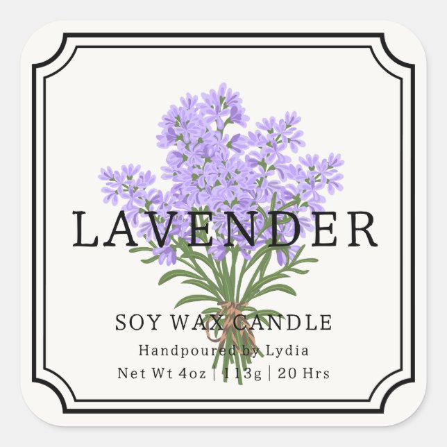 Elegantes Lavender Soy Wax Candle Business Label Quadratischer Aufkleber (Vorderseite)