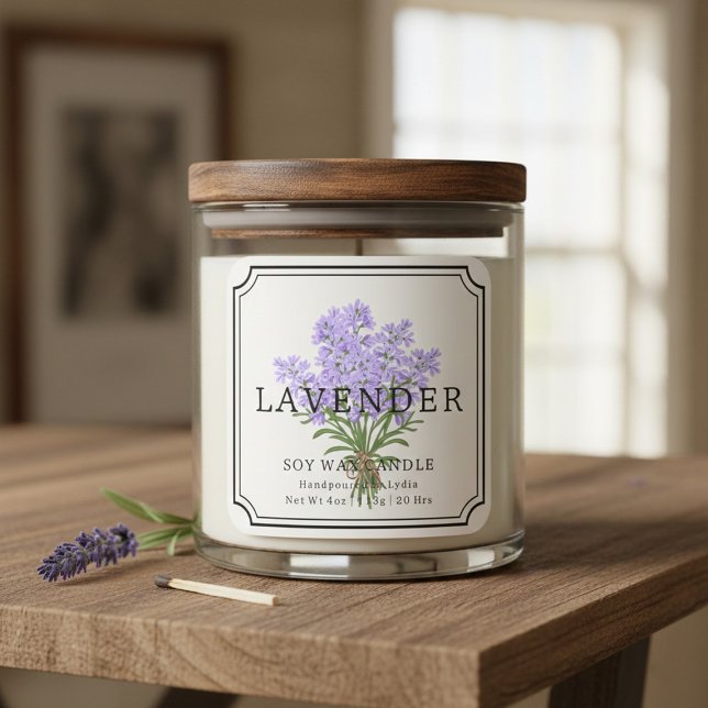 Elegantes Lavender Soy Wax Candle Business Label Quadratischer Aufkleber (Von Creator hochgeladen)