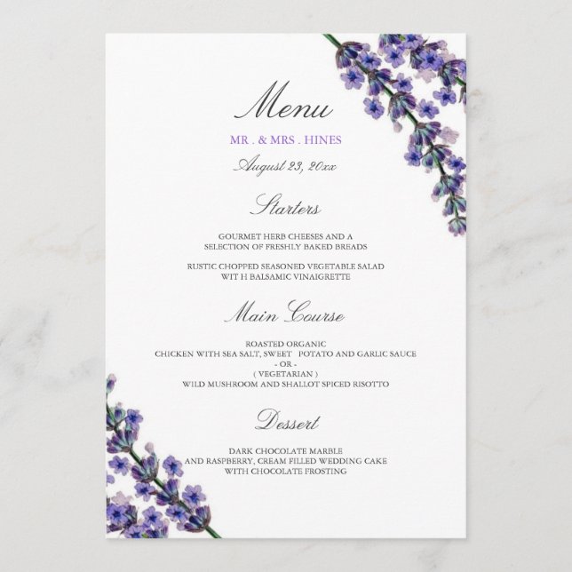 Elegantes Lavender Wedding Dinner Menü Menükarte (Vorderseite)