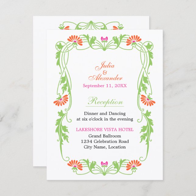 Elegantes Leaf Florals und Wirbel Empfang Cards Einladung (Vorne/Hinten)
