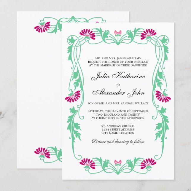 Elegantes Leaf Florals und Wirbel Hochzeiten Einladung (Vorne/Hinten)