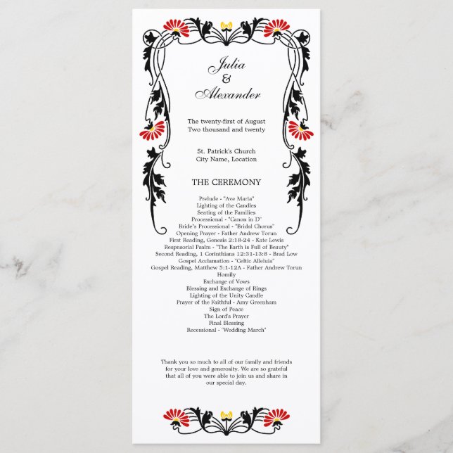 Elegantes Leaf Florals und Wirbel Hochzeitsprogram Programm (Vorderseite)