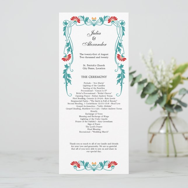 Elegantes Leaf Florals und Wirbel Hochzeitsprogram Programm (Stehend Vorderseite)
