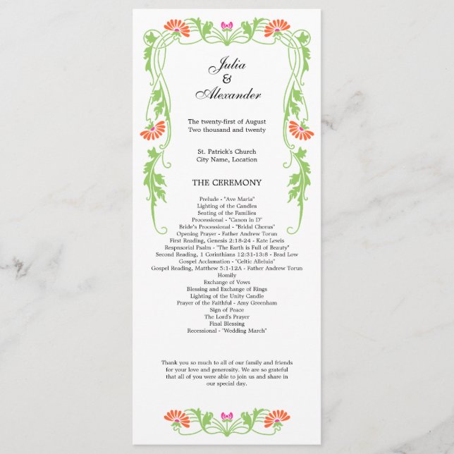 Elegantes Leaf Florals und Wirbel Hochzeitsprogram Programm (Vorderseite)