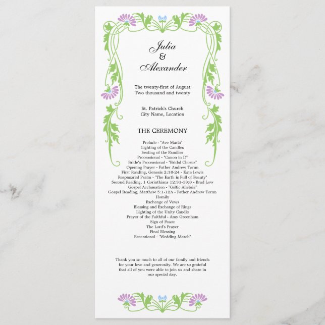 Elegantes Leaf Florals und Wirbel Hochzeitsprogram Programm (Vorderseite)
