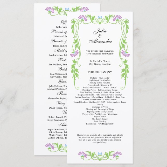 Elegantes Leaf Florals und Wirbel Hochzeitsprogram Programm (Vorne/Hinten)