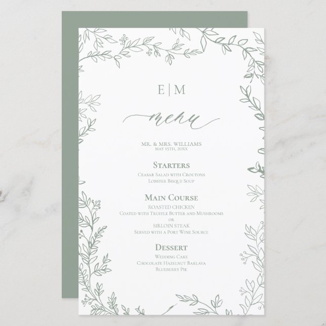 Elegantes Leaf Sage Green Monogram Wedding Menu (Vorne/Hinten)