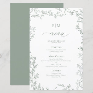 Elegantes Leaf Sage Green Monogram Wedding Menu