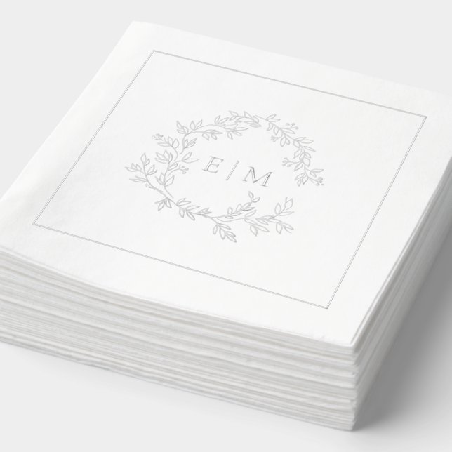 Elegantes Leafy Wappen Mit Monogramm Wedding Silve Servietten Mit Folie (Ausschnitt)