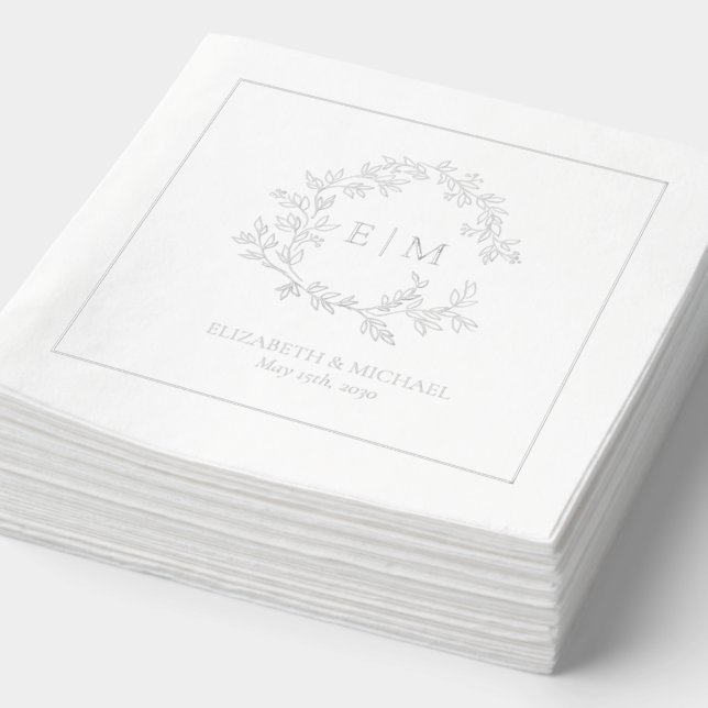 Elegantes Leafy Wappen Mit Monogramm Wedding Silve Servietten Mit Folie (Ausschnitt)