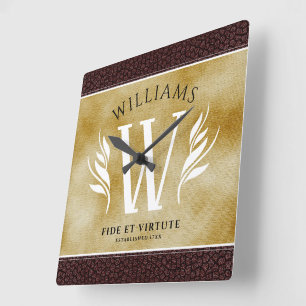 Elegantes Lederblatt & Vintage-Papier-Nachname-Mot Quadratische Wanduhr