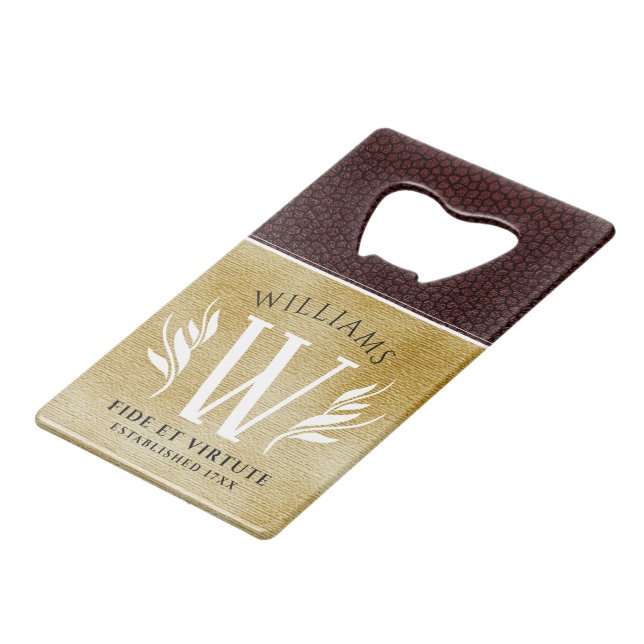 Elegantes Lederleder und Vintages Namensmotto Geldbeutel Flaschenöffner (Vorderseite Schrägansicht)