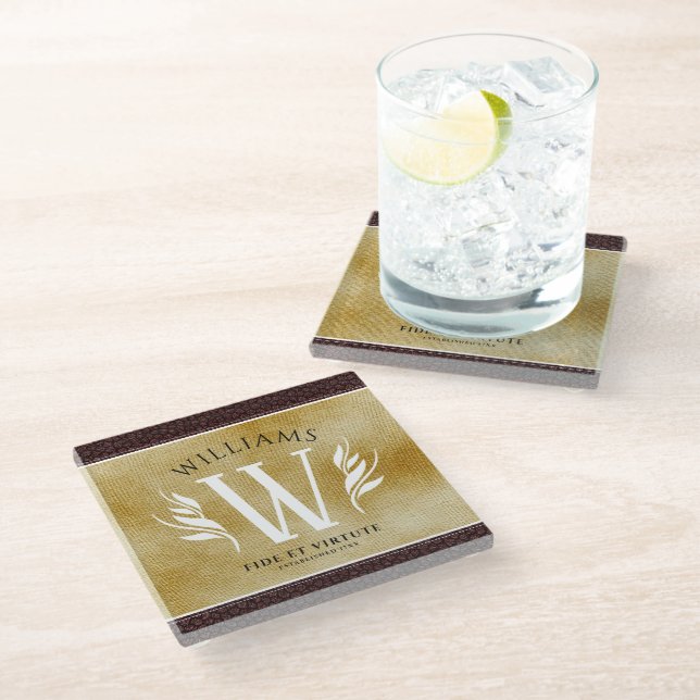 Elegantes Lederleder und Vintages Namensmotto Glasuntersetzer (Schrägansicht)