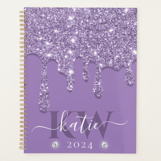 Elegantes, leicht Lila Dripping Glitzer Monogramm Planer (Vorderseite)