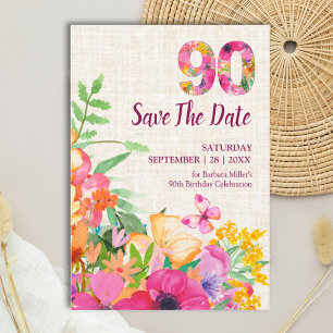 Elegantes Leinen 90. Geburtstags-Blumengarten Save The Date