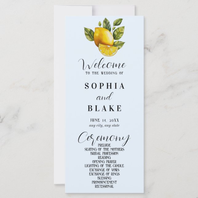 Elegantes Lemon & Greenery Blue Wedding Programm (Vorderseite)