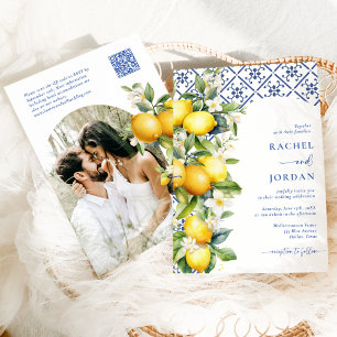 Elegantes Lemon Mediterranean Qr Code Foto Wedding Einladung