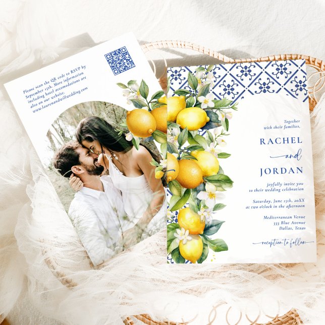 Elegantes Lemon Mediterranean Qr Code Foto Wedding Einladung (Von Creator hochgeladen)